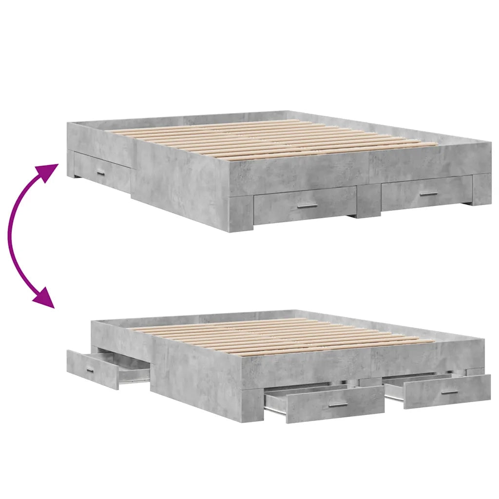 Letto matrimoniale | Letto per adulti | Giroletto Cassetti Grigio Cemento 150x200 cm Legno Multistrato