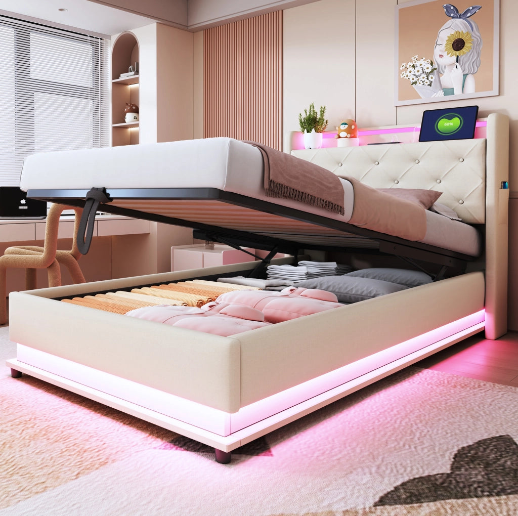 Letto imbottito per bambini 90x200 cm beige con LED e USB