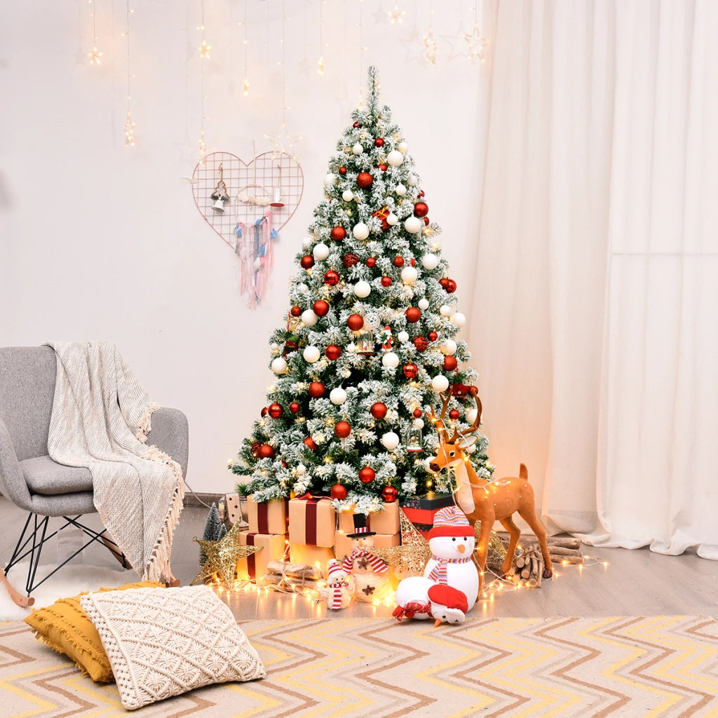 Albero di Natale artificiale 180cm con cerniera e 250 luci LED, Pino innevato illuminato con 928 rami e base-Alberi di Natale
