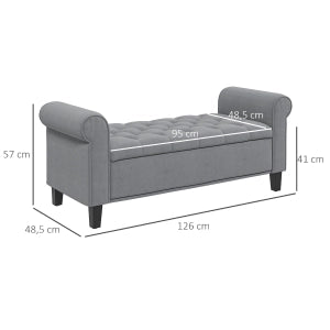 Panca imbottita con contenitore, seduta in effetto velluto grigio, 126 x 48,5 x 57 cm