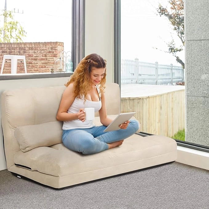 Divano Letto da Terra con 2 Cuscini, Divano Letto Pieghevole con Schienale Regolabile a 6 Livelli, Ideale per Camera da Letto e Soggiorno (Beige)