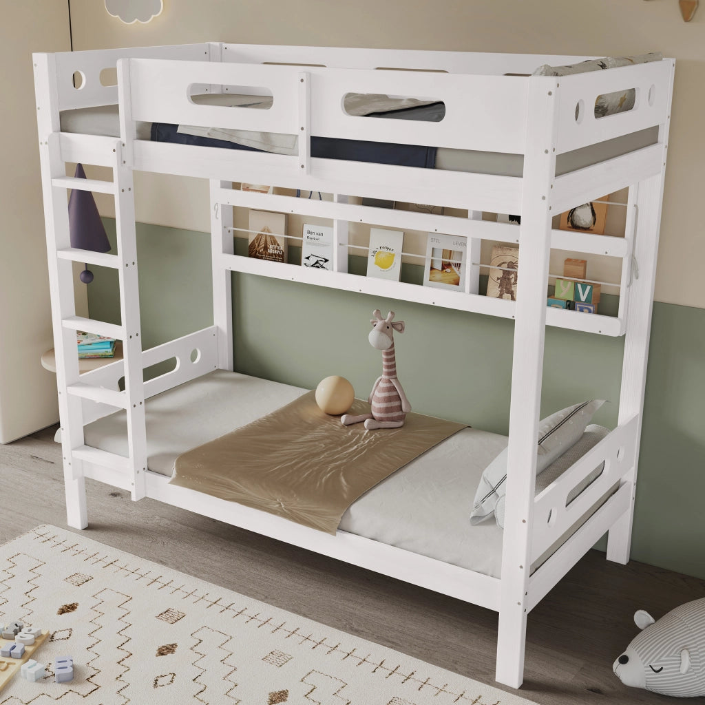 OKWISH Letto a Castello 90×200 cm, Letto Singolo con Sponde di Sicurezza, Scaffali Aperti e Scala a 5 Gradini, senza Materasso, Bianco