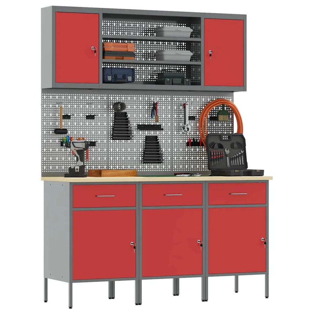 Mobile da lavoro 7 pcs Rosso Legno ingegnerizzato e acciaio 3321431