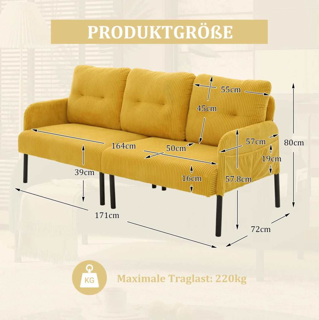 Divano tre posti in velluto a coste giallo con schienale ergonomico e tasca laterale pratica