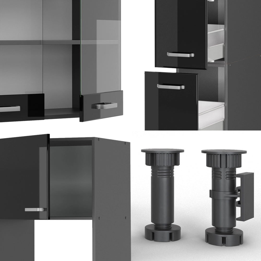 Vicco Cucina componibile Nero lucido/antracite 350 cm con armadio alto, senza piano di lavoro