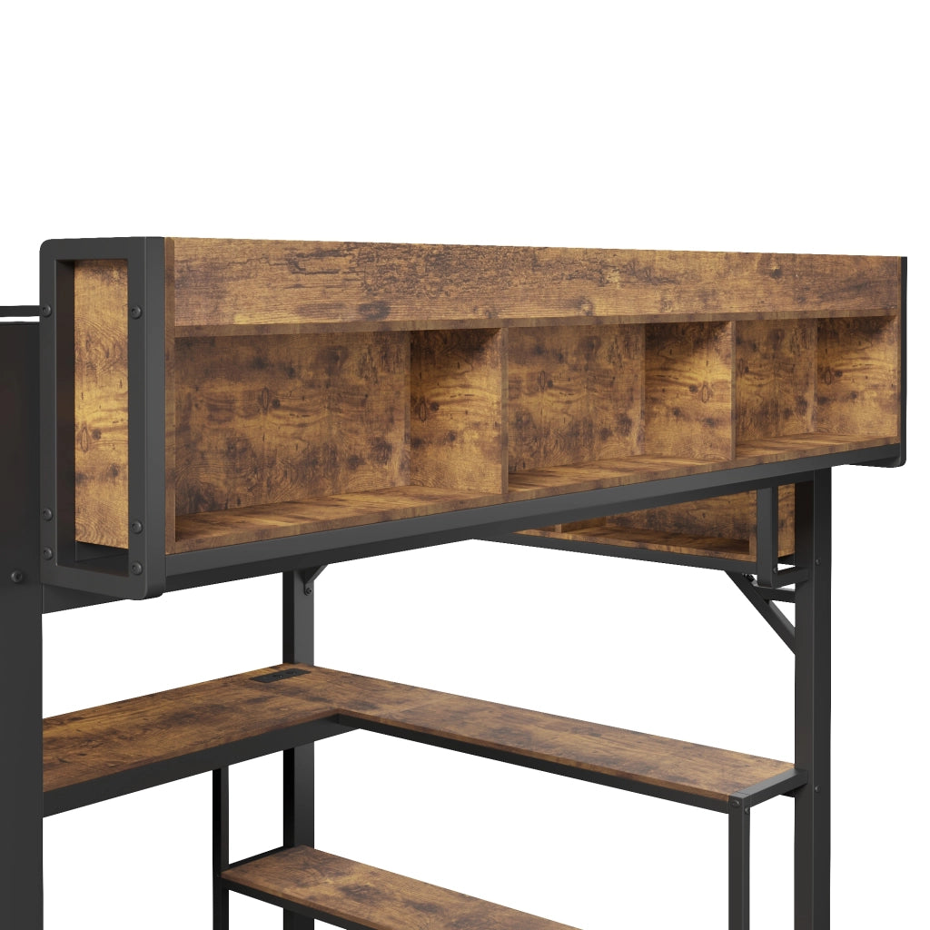 DESMIU Letto a soppalco 140 × 200 cm 2 posti con scrivania ad angolo, LED, USB, Type-C e vani, senza materasso