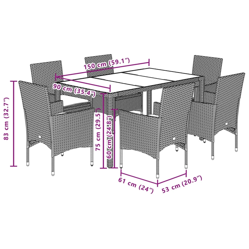 Set Pranzo da Giardino 7 pz Nero con Cuscini Polyrattan Acacia 3278672
