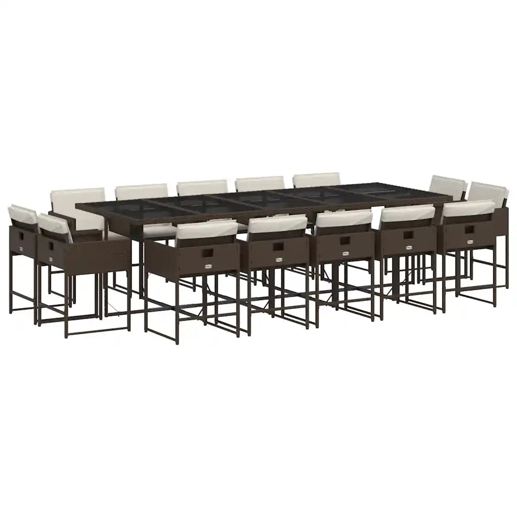Set da Pranzo da Giardino 15 pz con Cuscini Marrone Polyrattan