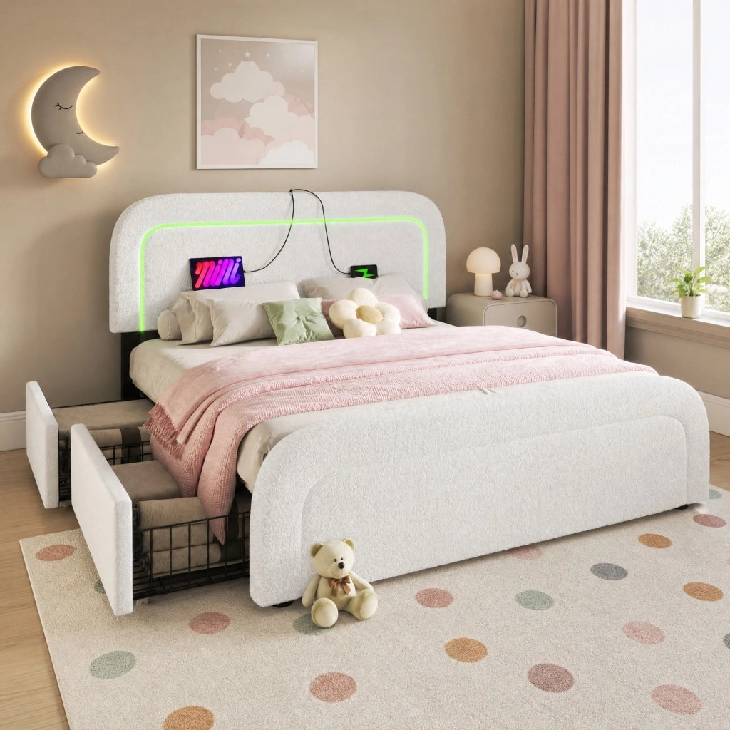 LETTO 160x200 cm Sherpa Bianco con USB Type-C, LED e 4 Cassetti