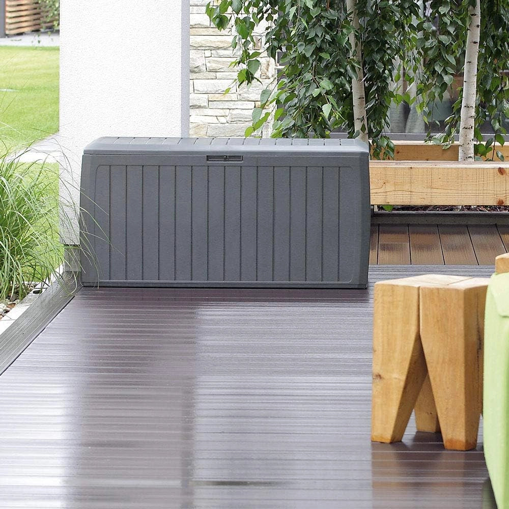 ® Baule da Giardino 117x47x60cm Aspetto Legno 290L Box Multiuso Multibox Cuscini 6 Ruote Coperchio Esterno