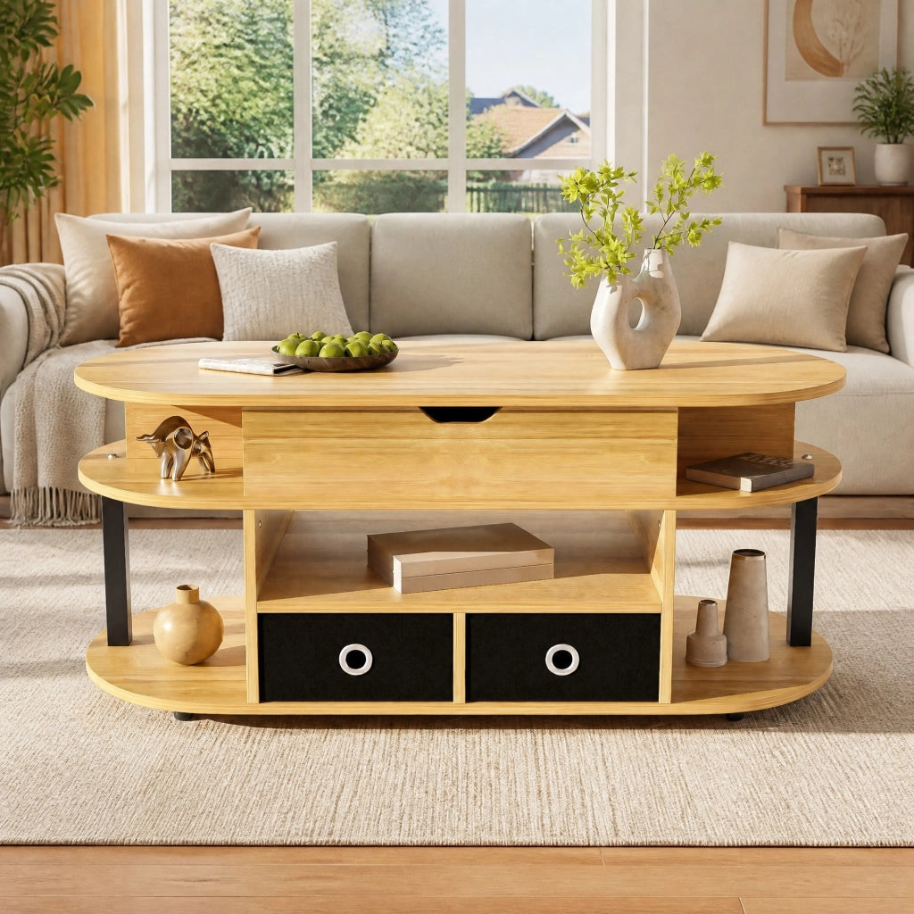Tavolino da caffè multifunzione con piano sollevabile 105x50 cm; effetto legno e nero