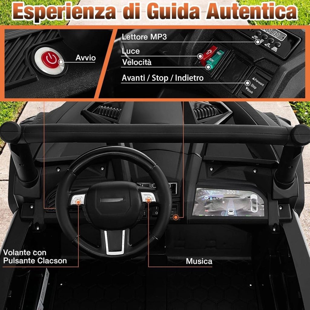 24V UTV Macchina Elettrica per Bambini, Veicolo Elettrico con 2 Posti Motore 4x100W, con Telecomando Partenza Morbida Musica, Velocità Regolabile, 3 Anni+