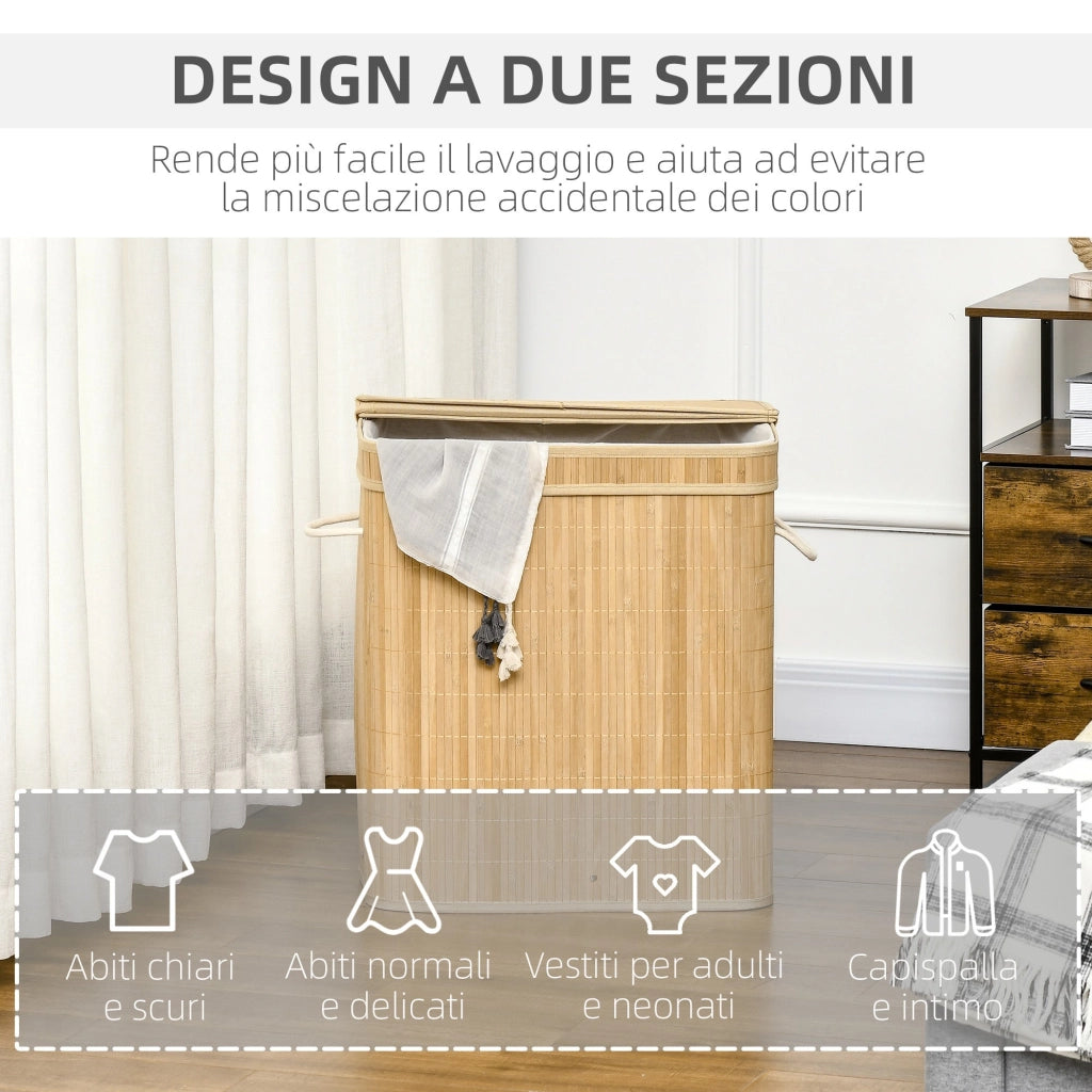 Cesto Portabiancheria da 90L Pieghevole con 2 Scomparti 54,2x35,2x59,5 cm in Bambù