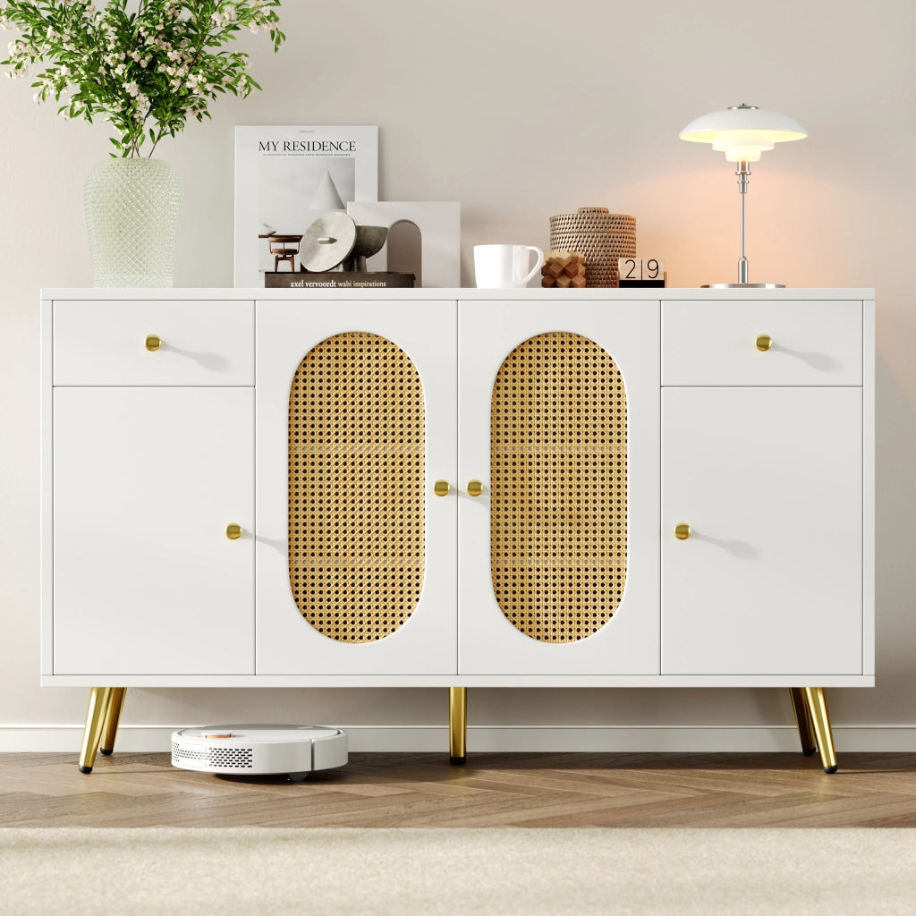 Comodino con 2 cassetti e 4 ante - Zephmum- Bianco e colori naturali, ripiani regolabili in altezza, 140x35x82 cm