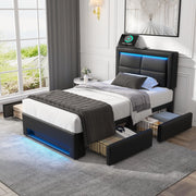 DESMIU Letto imbottito 90 × 200 cm con USB, LED e 4 cassetti, senza materasso, in PU, nero