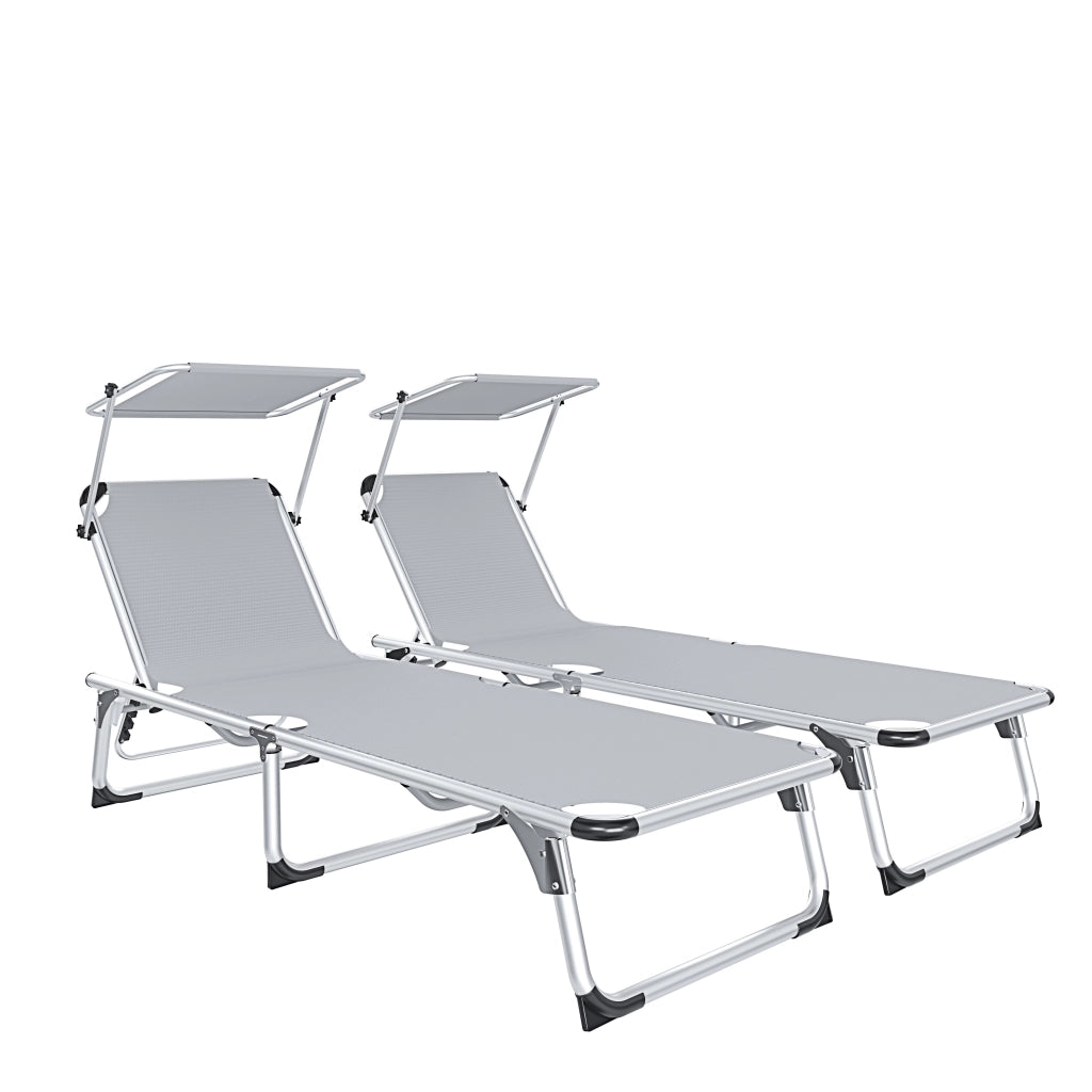 Coppia Di Lettini Pieghevoli Prendisole Tettuccio Parasole Schienale Reclinabile Regolabile 6 Posizioni Struttura In Alluminio Sedia Sdraio Spiaggia Mare Giardino Piscina 187 x 59 x 29 Cm (Gray)
