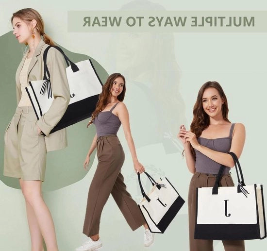 Grande Borsa a Mano in Canapa con Iniziali - Borsa per Spesa con Tasche con Cerniera per Donna Madre Insegnante