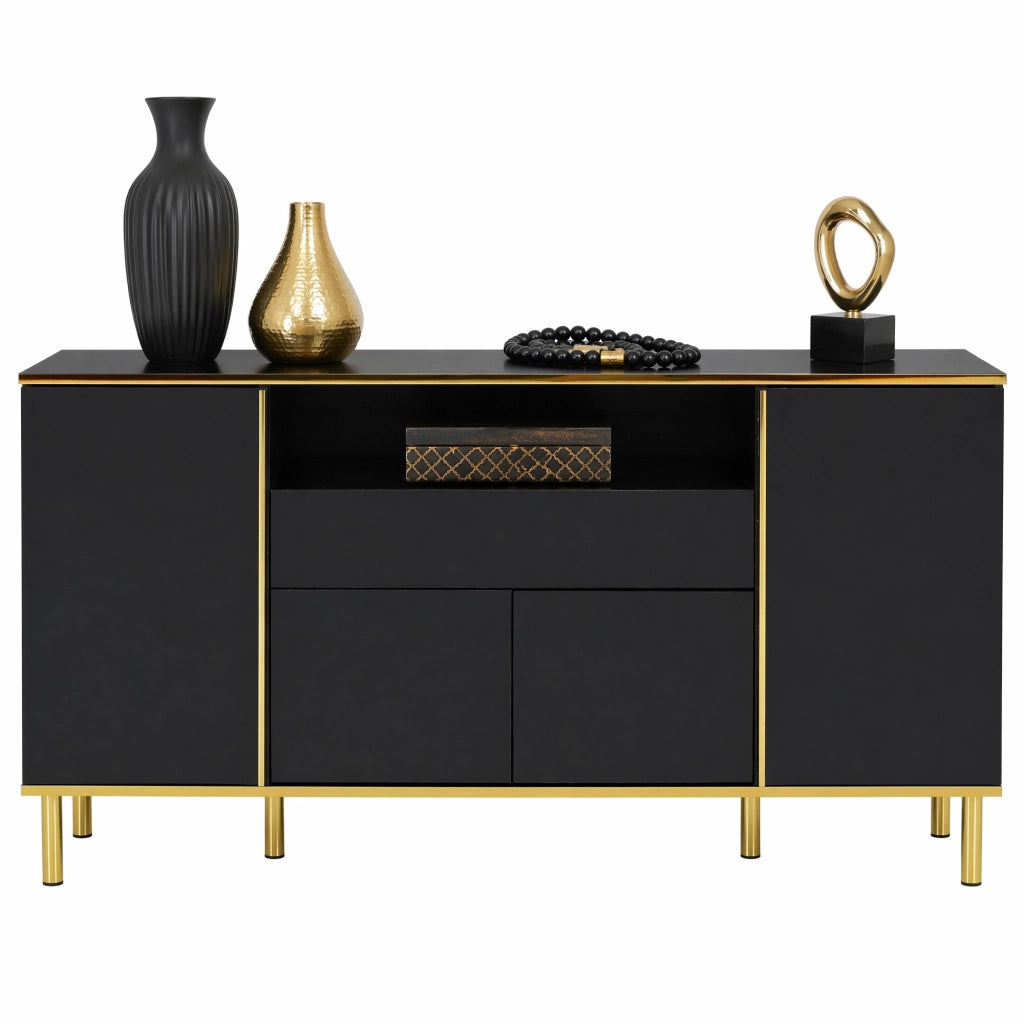 Sideboard nero lucido con 1 cassetto, 4 ante e illuminazione LED, 150x40x80 cm