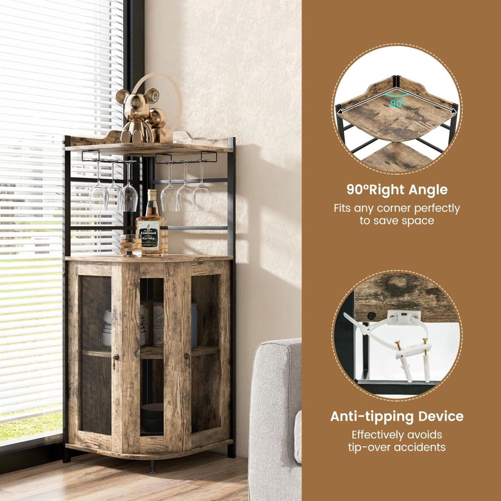 Armadietto Angolare Industriale Da Bar Con Supporto In Vetro, Armadietto Da Vino Con Ripiano Regolabile, Portabottiglie Vino Da Cucina Con Protezione, 130x47,5x47,5 cm (Grigio Quercia)