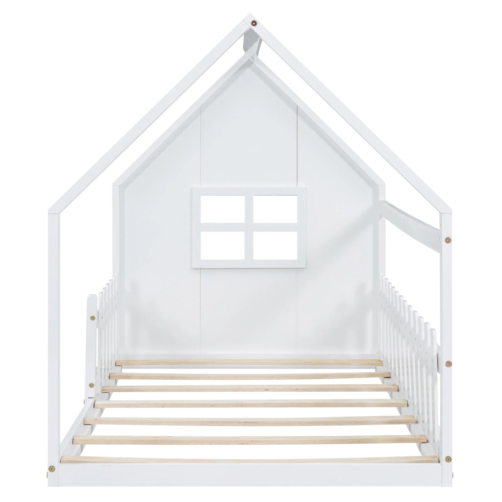 Letto a Casetta 90×200 cm; Letto Singolo per Bambini a Forma di Casa; senza Materasso; Bianco