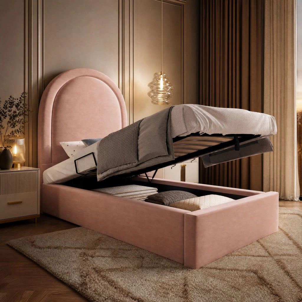Letto singolo imbottito con contenitore 90x200 cm in velluto rosa