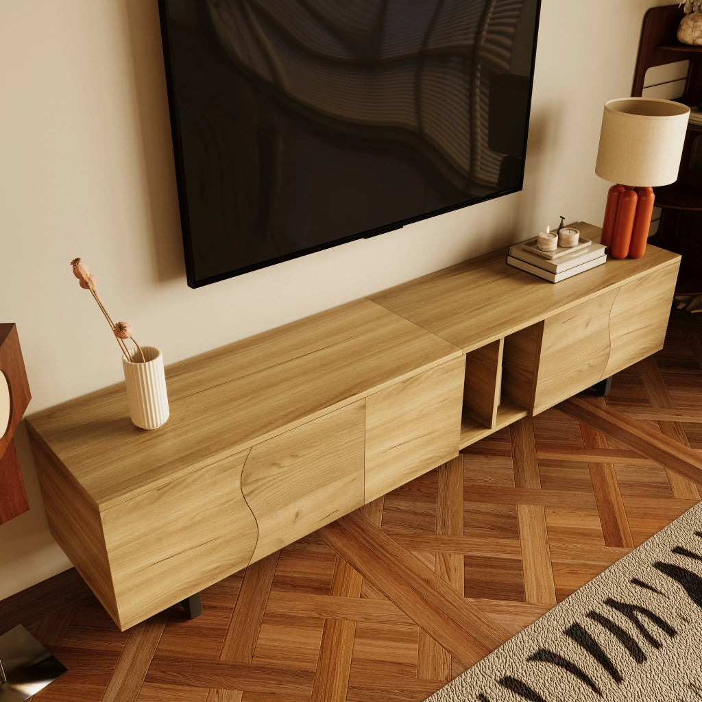 Mobile porta TV con ante curve e vani aperti in MDF e pannello truciolare naturale 191 × 38 × 46,5 cm
