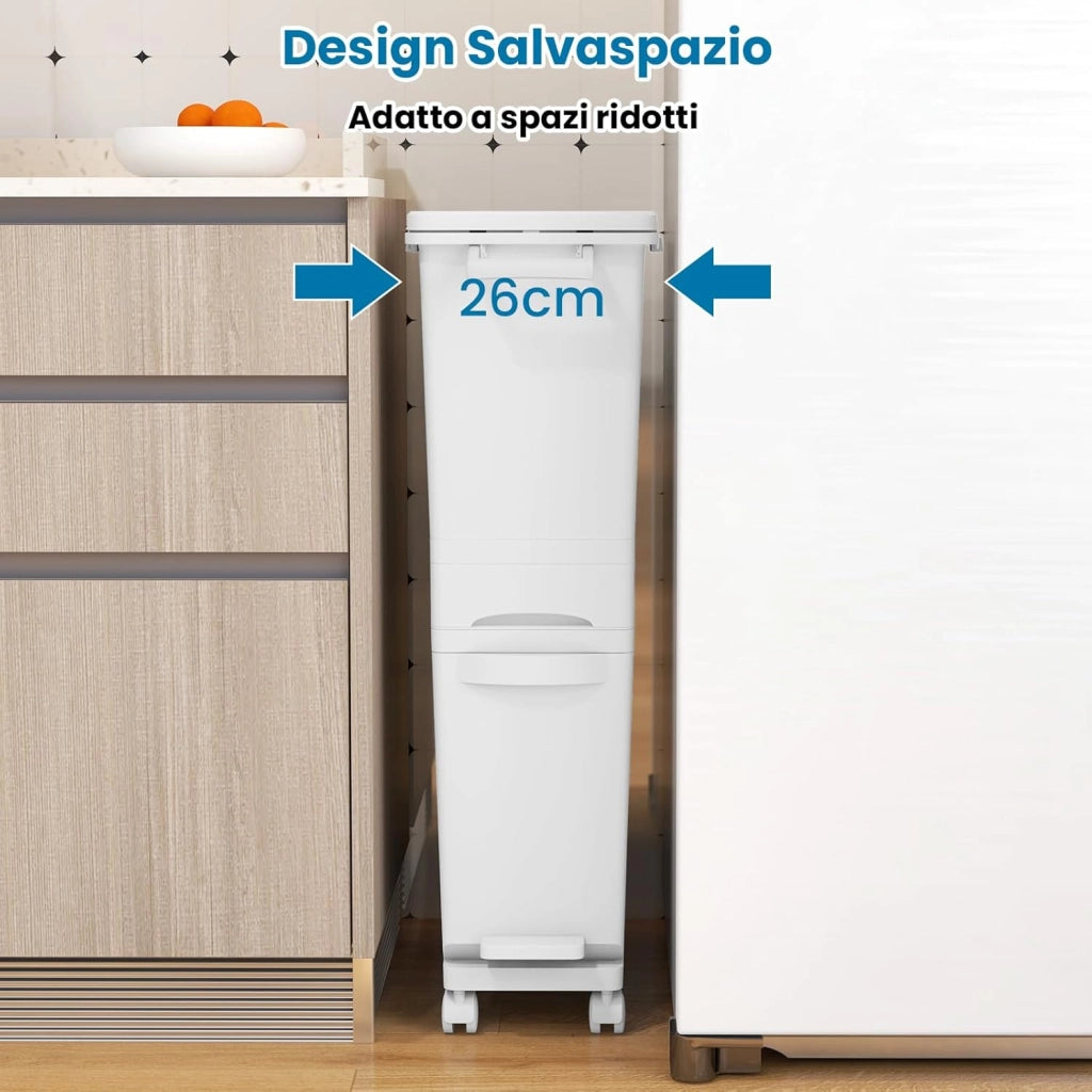3 in 1 Pattumiera 32L, Cestino per Rifiuti con 2 Cassetti 2 Scomparti Superiori e Adesivi, Pattumiera in Plastica a Pedale per Cucina Sala da Pranzo Soggiorno, 40x26x84 cm (Bianco)