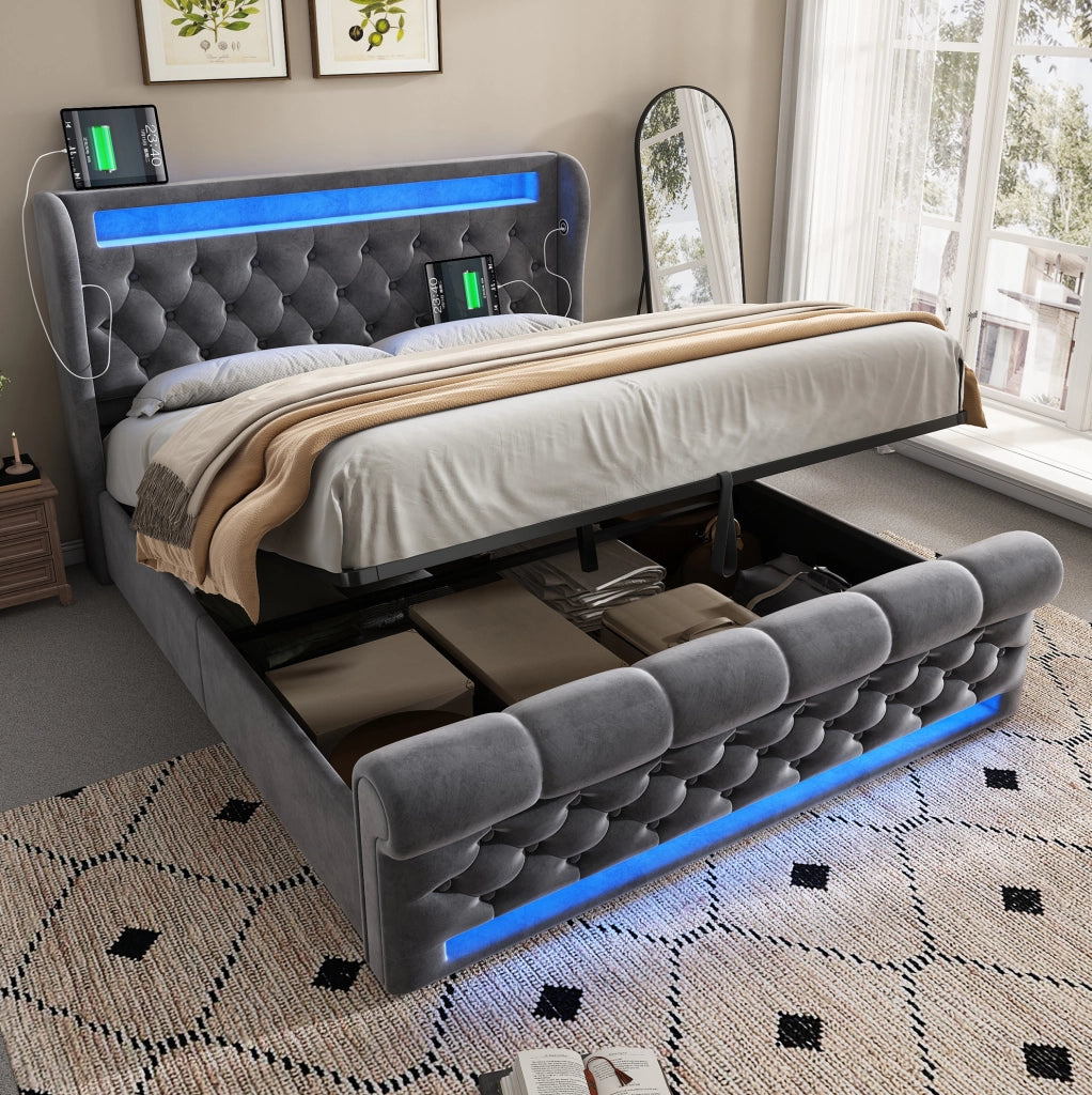 Letto matrimoniale imbottito 140x190 cm in velluto grigio con LED; ricarica USB e Type-C; contenitore idraulico