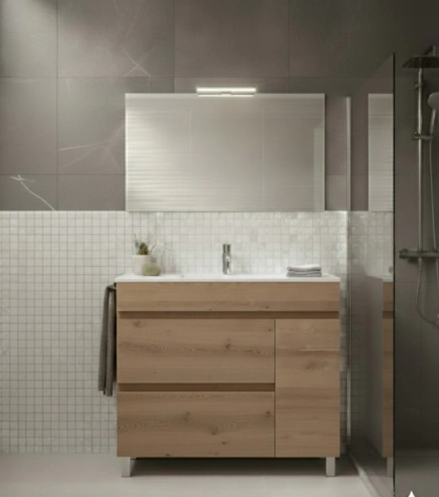 Mobile Bagno FENRIR Già Montato 2 cassetti e porta con piedini, lavabo e specchio Estepa 50x40 cm