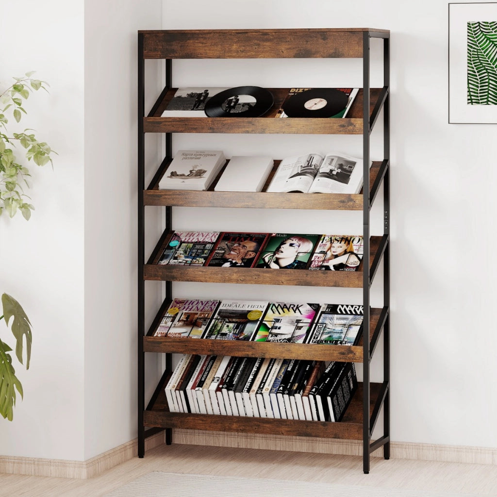 Libreria a 6 ripiani scaffale inclinato con struttura metallica robusta, Libreria porta giornali industriale in legno Marrone rustico-Librerie