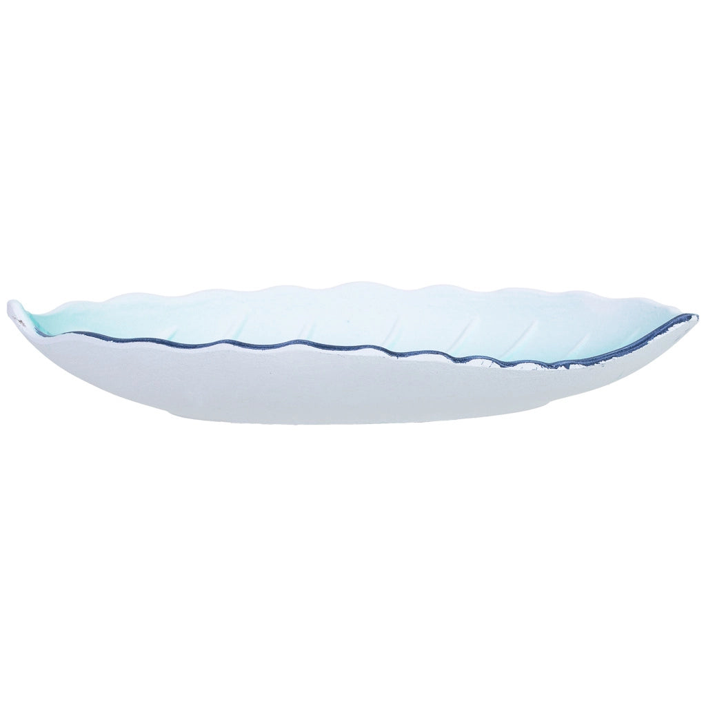 Vassoio decorativo in legno blu con foglia, 25x18x3h cm