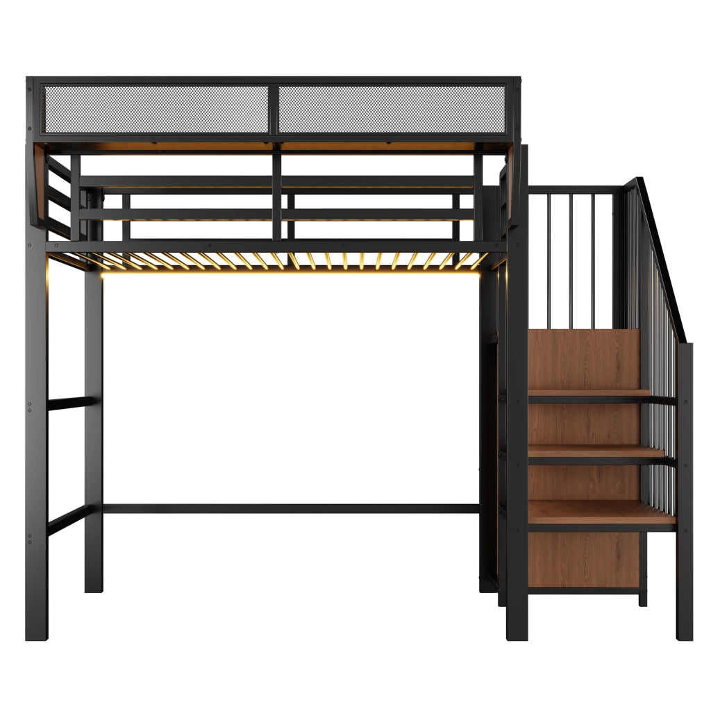 Letto a soppalco singolo 90×200 cm con LED; scala e ripiani salvaspazio; senza materasso; metallo; nero