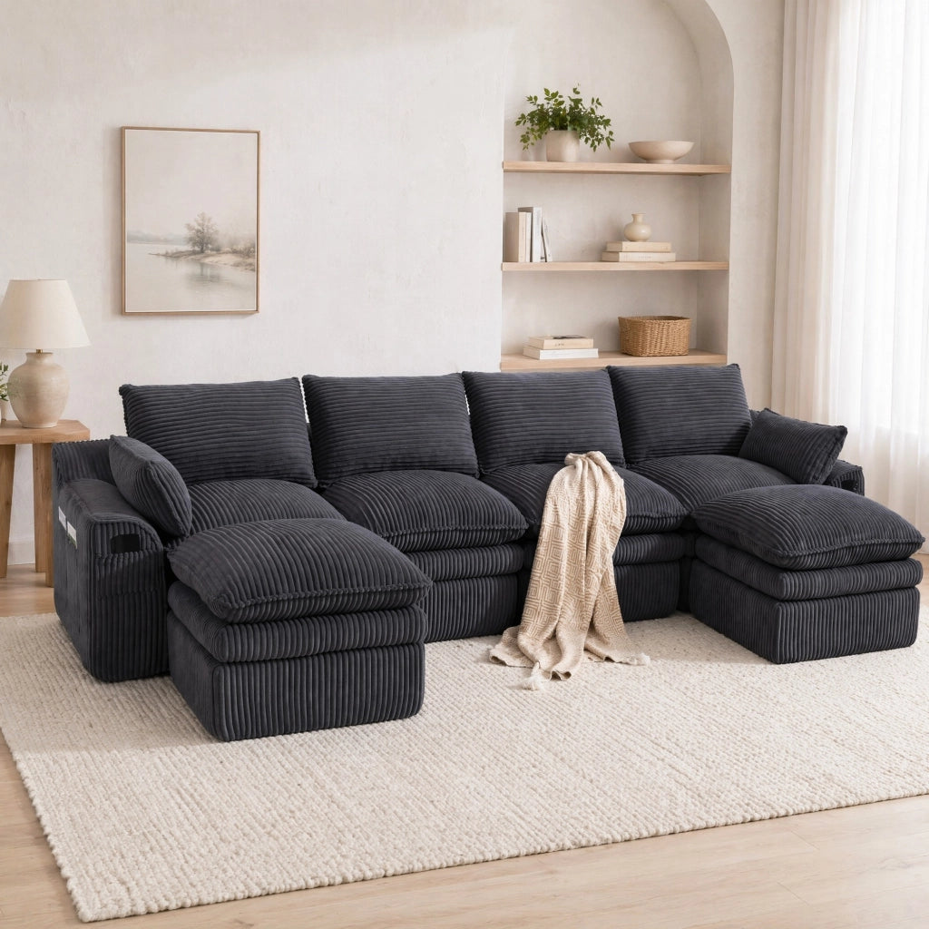 Divano componibile in velluto a coste con tasche laterali; schiuma a 3 strati e molle integrate; grigio scuro