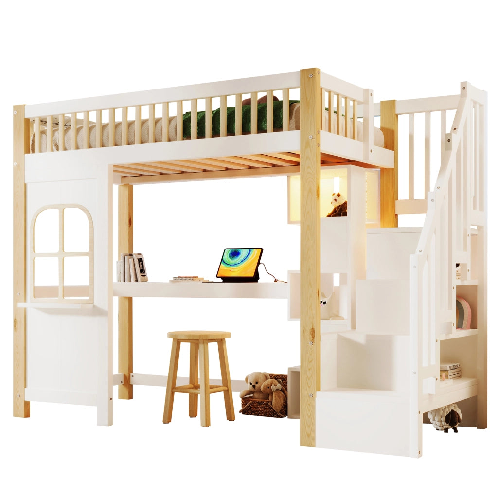 OKWISH Letto a soppalco 90×200 cm, Letto Singolo con LED, Scrivania, Mensole e Scala Contenitore, senza Materasso, Bianco e Naturale