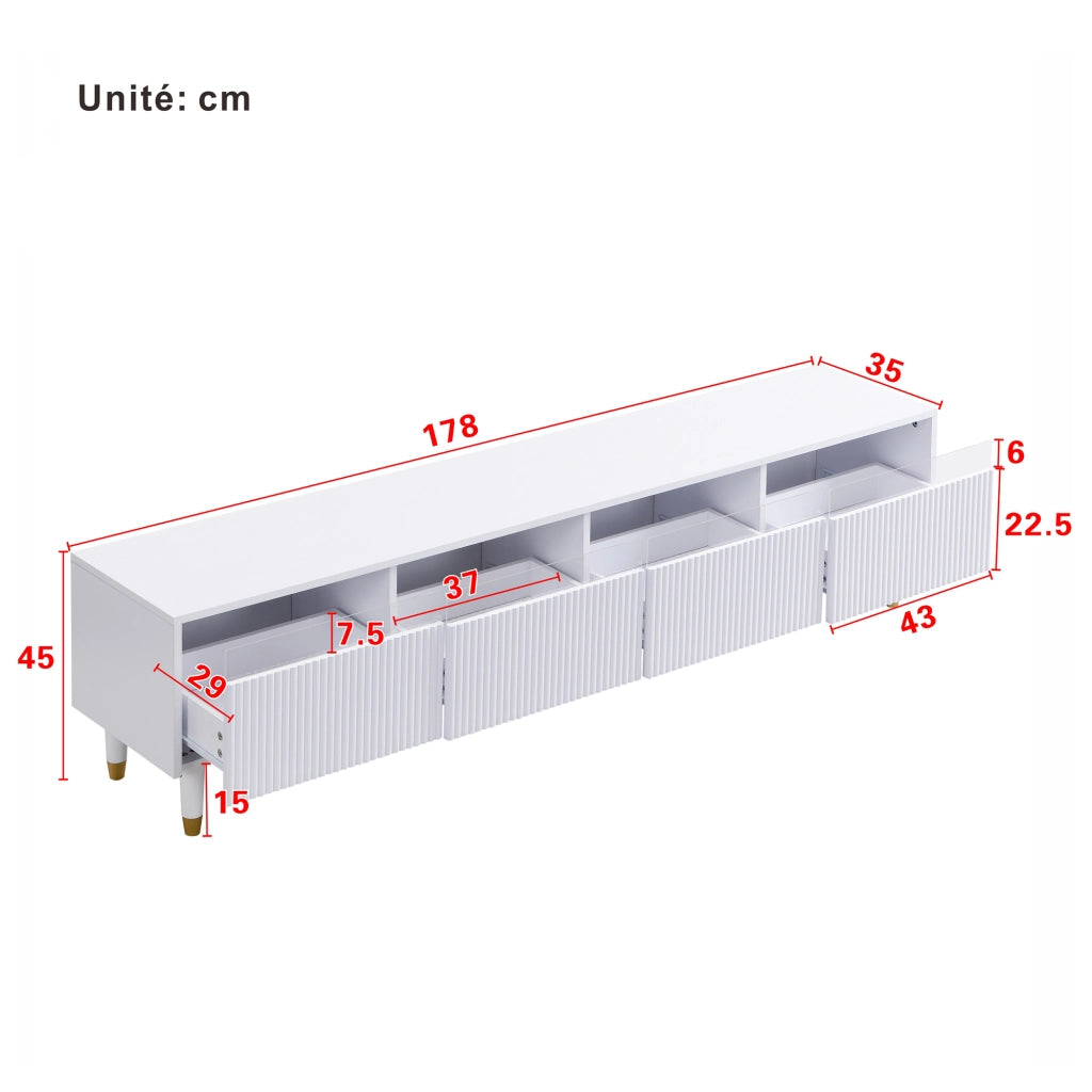 OKWISH Mobile TV con 4 Cassetti e Passacavi, Design Minimalista per Soggiorno, in MDF, Bianco, 178 x 35 x 45 cm