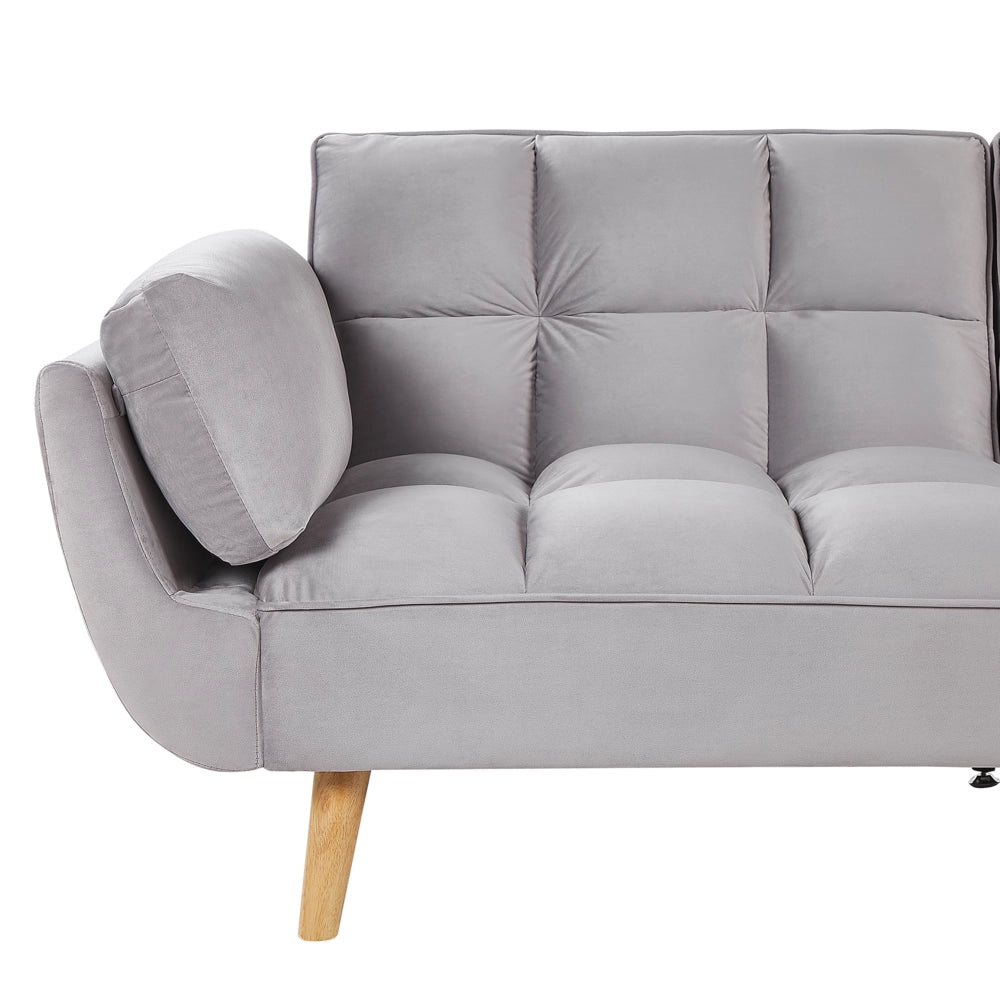 Divano Letto Tessuto Velluto Grigio Chiaro Gambe In Legno A 3 Posti Imbottitura In Schiuma Imbottitura Biscuit Schienale Diviso
