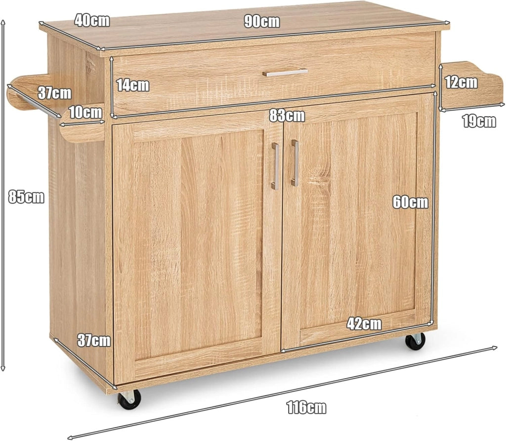 Carrello da Cucina, Credenza Mobile con Cassetto, Anta Doppia, Portaspezie e Portasciugamano, Ripiani Regolabili, Ruote con Freni, Portata di 50 kg, 116x40x85 cm, 4 Colori (naturale)