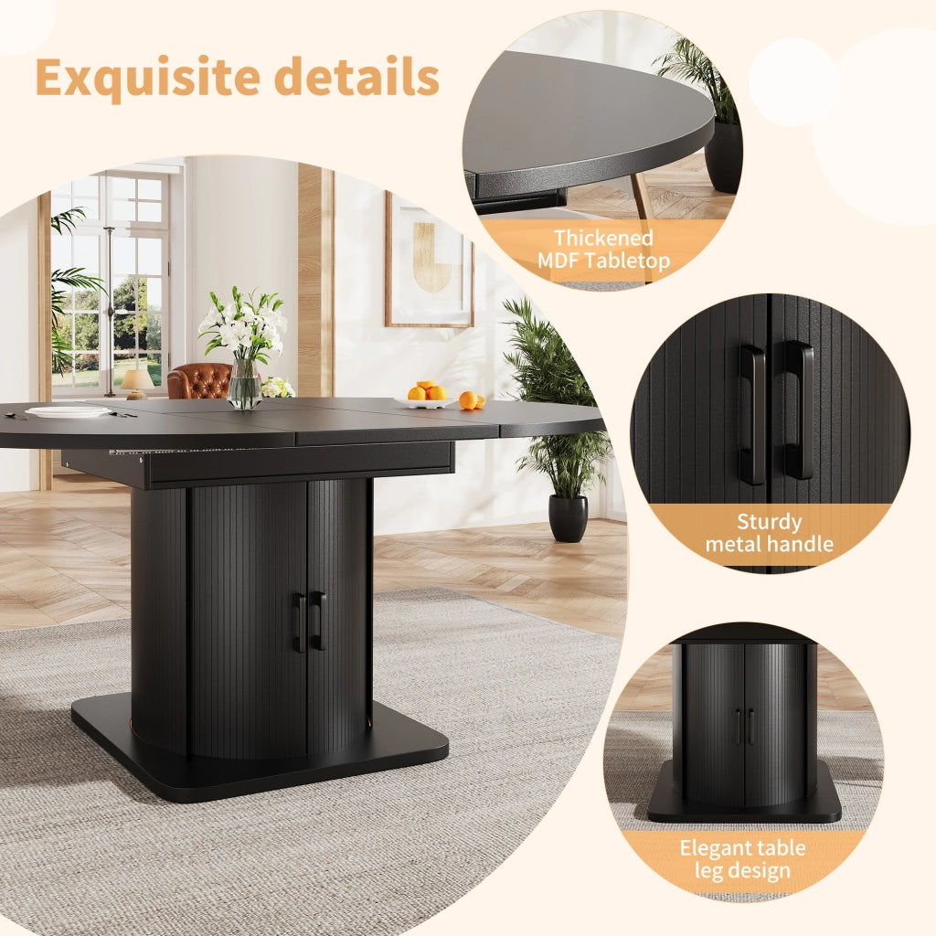 Tavolo allungabile da pranzo rotondo in MDF nero con piano estensibile e struttura salvaspazio, 118 × 118 × 76 cm