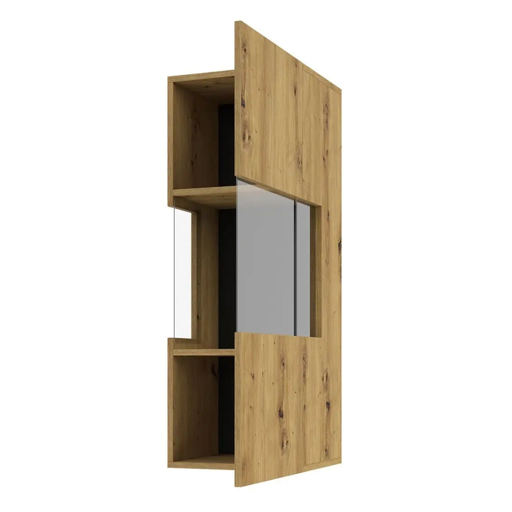 Piccola vetrina sospesa con 1 porta parzialmente vetrata, collezione EVA. Colore rovere e nero.
