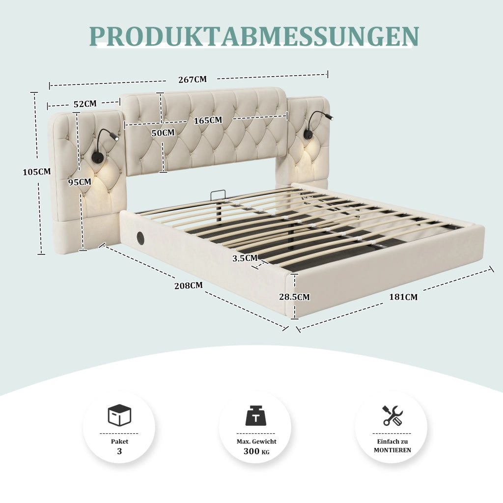 OKWISH Letto Contenitore 180×200 cm, Letto Matrimoniale con 4 Porte USB, Lampade da Lettura e Sollevamento Idraulico, senza Materasso, Velluto, Beige