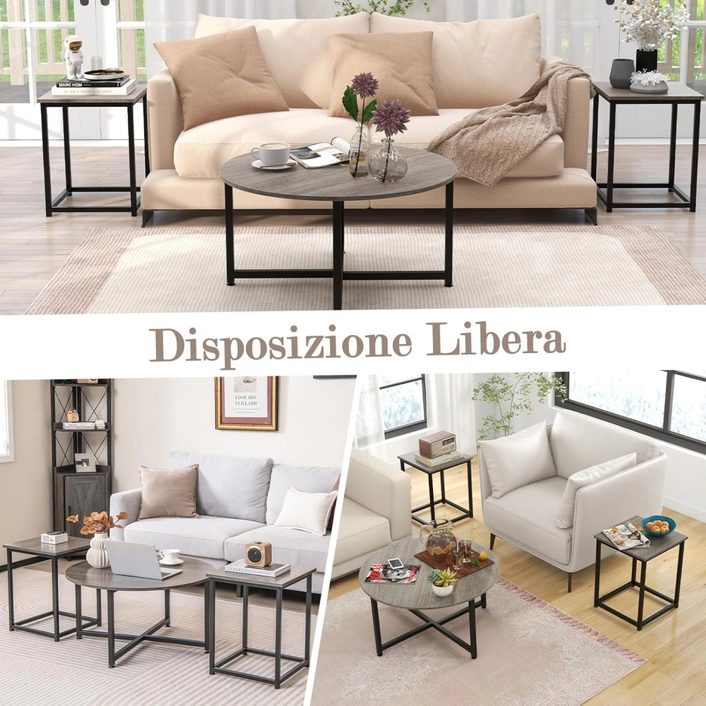 Set di Tavolini da Caffè 3 Pezzi, Tavolino Rotondo e 2 Tavolini Quadrati con Struttura Metallica Robusta, Set di Tavoli da Salotto Moderni 3 Pezzi (Grigio)