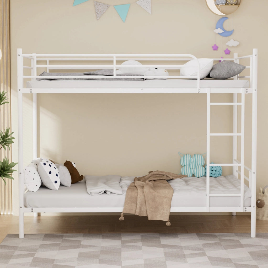 Letto a castello 90 x 190 cm in acciaio con scala e parapetto; bianco