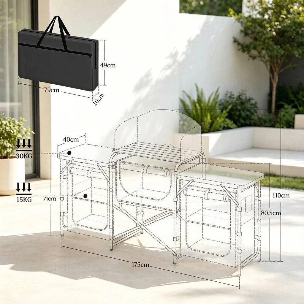 CUCINA DA CAMPEGGIO Pieghevole 174x48x112 cm Nero in Alluminio e MDF