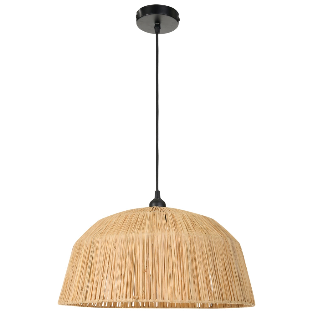 Lampada a sospensione con paralume in paglia naturale intrecciata a cupola, stile boho-japandi