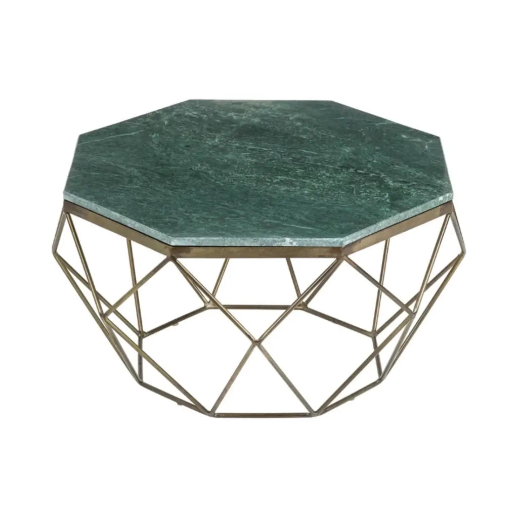 Table bassa NEXORA 70 cm in marmo verde e ferro finitura ottone design geometrico