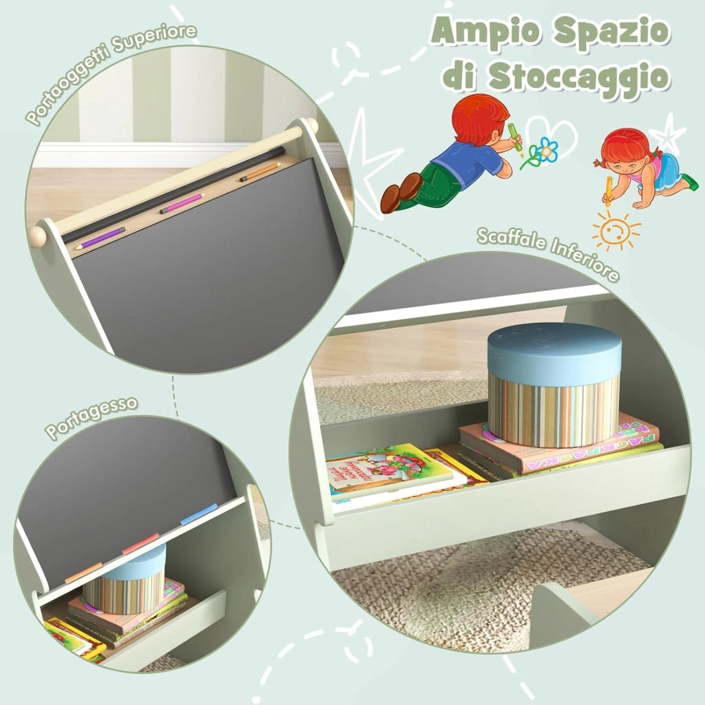 Cavalletto a Forma di Albero per Bambini con Sgabello, Set Tavolo e Sgabello con Cavalletto a 2 Lati e Scaffale per Riporre, Cavalletto da Disegno 68 x 60 x 80 cm, Verde e Naturale