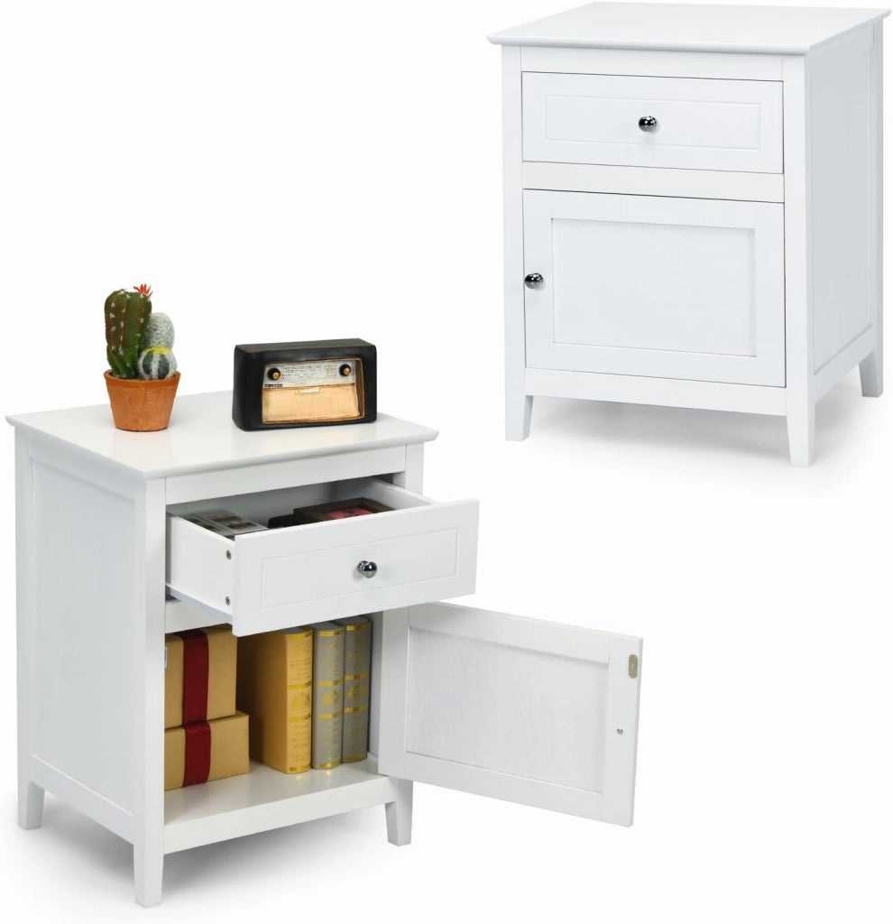 Set di 2 Comodini in legno, Tavolino (2 x Bianco 1 Anta 1 Cassetto)