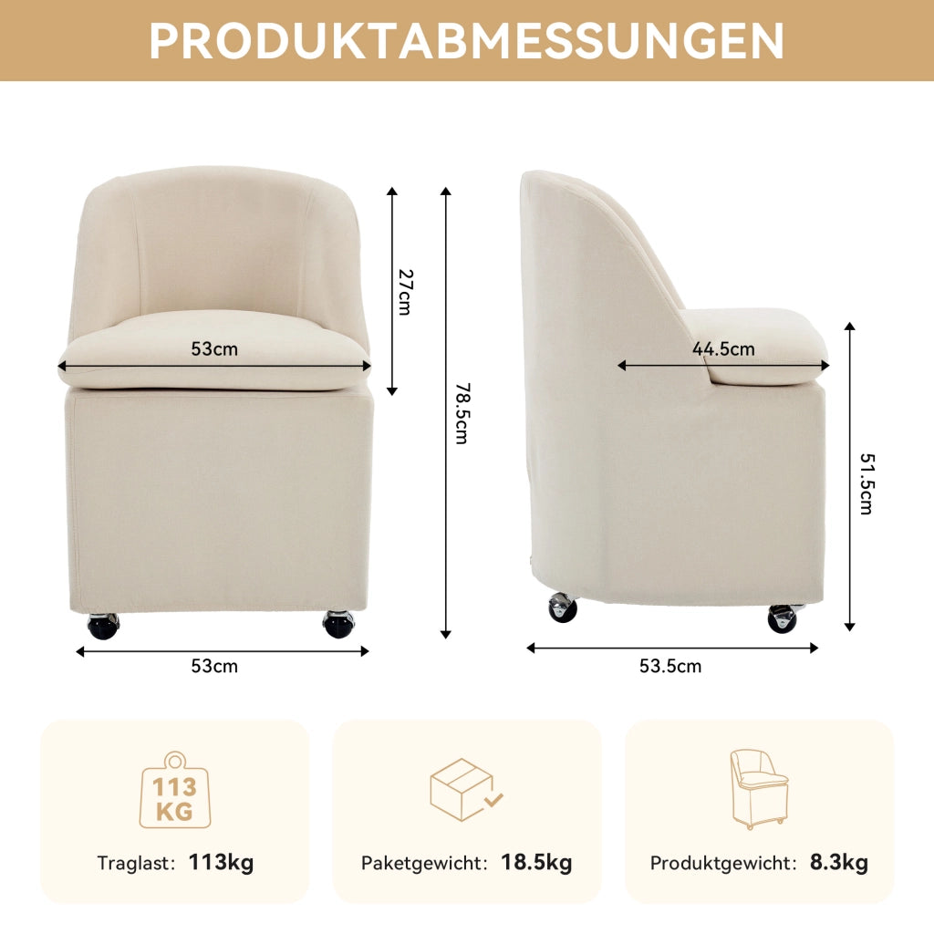 Set 2 sedie da pranzo in chenille beige con ruote girevoli 360°, senza braccioli, rivestimento sfoderabile