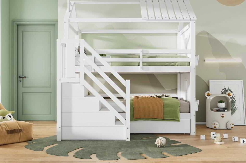 Letto a castello per bambini 90 x 200 cm con scala contenitore bianco
