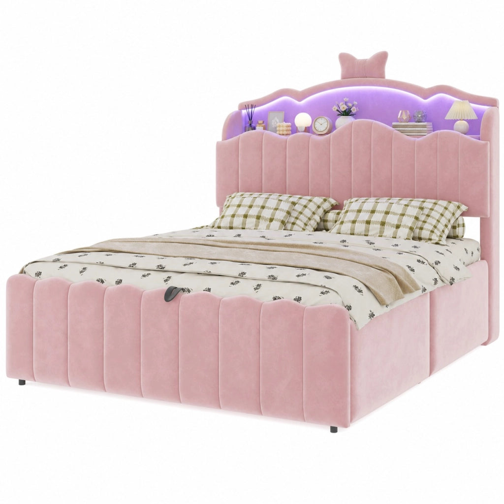 Letto Contenitore 140x200 cm; Letto Singolo - USB; USB-C; LED Regolabile - Rosa in Velluto